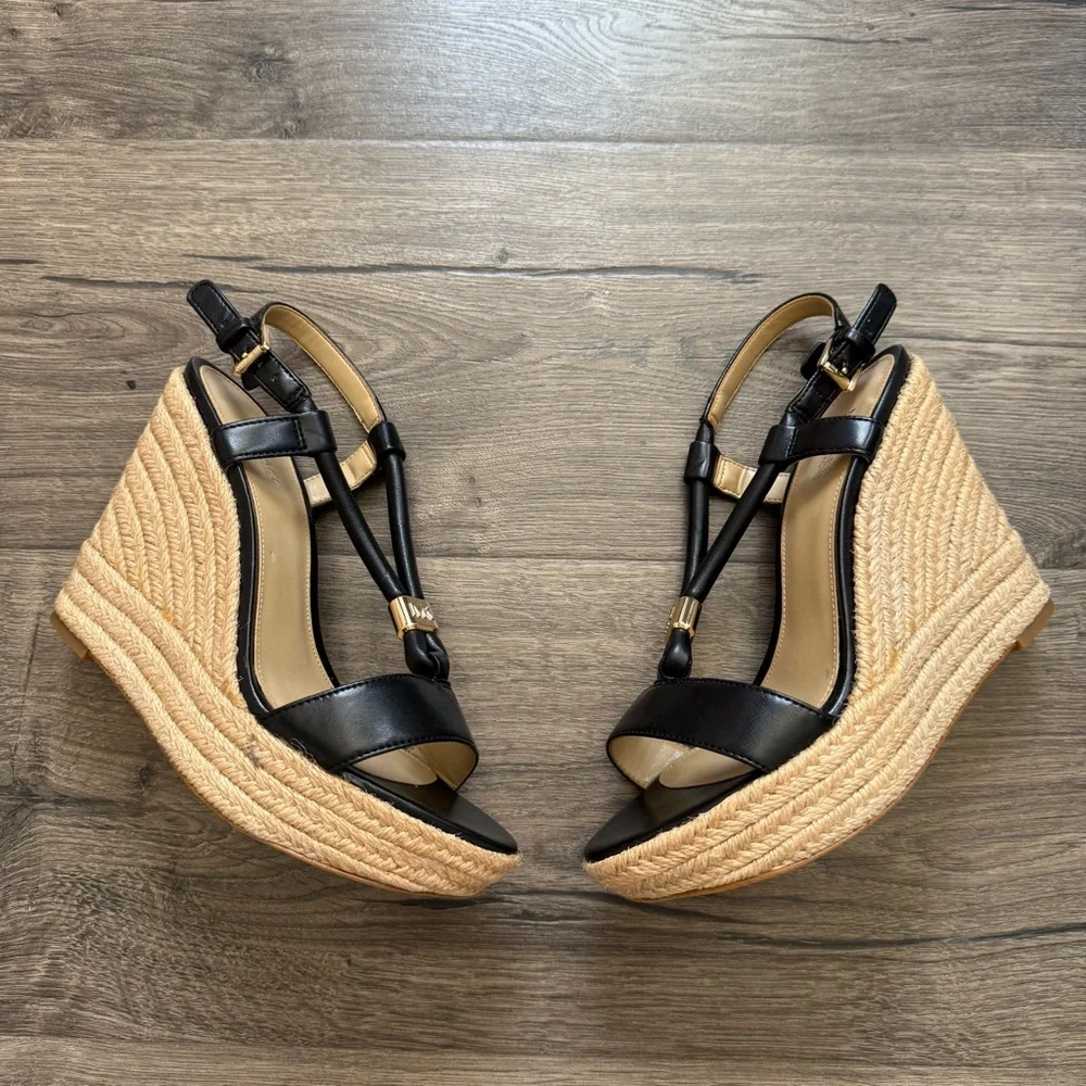 Michael Kors Annie Black Leather Espadrille Wedge Sandals size 7 Women